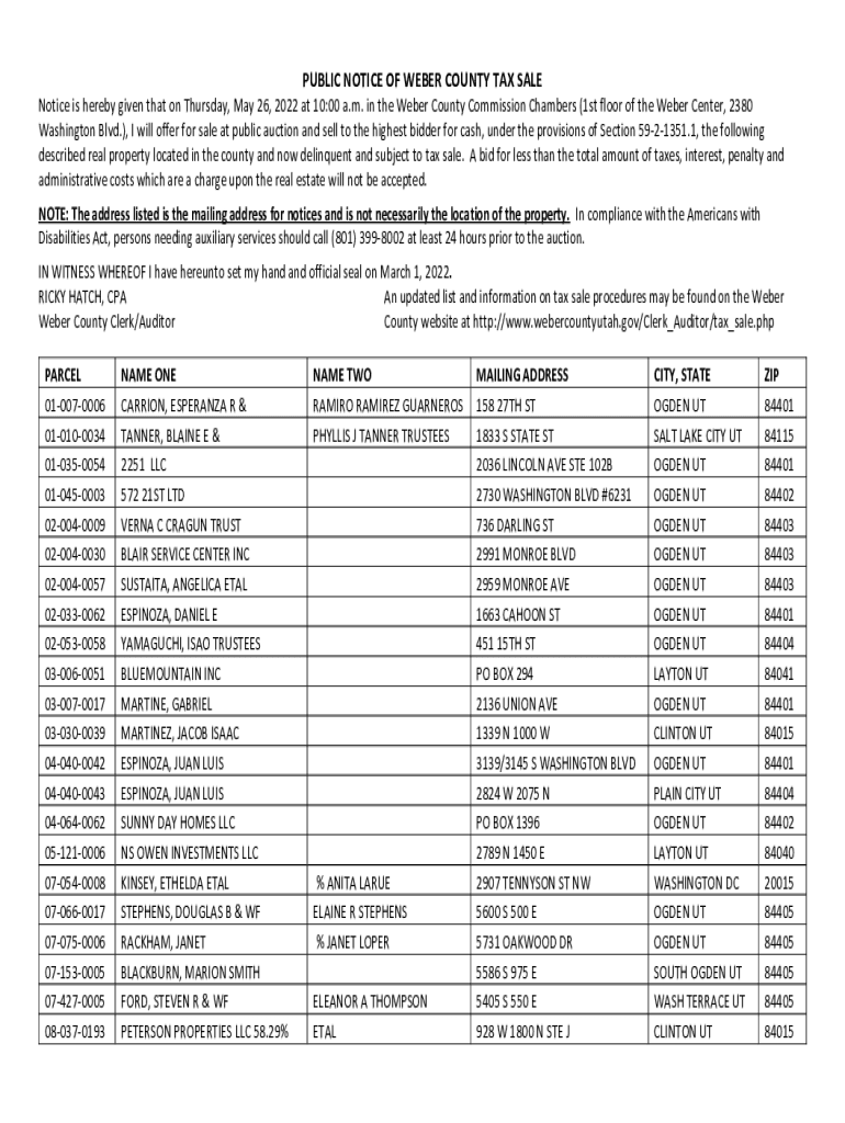 Fillable Online PDF PUBLIC NOTICE OF WEBER COUNTY TAX SALE PARCEL NAME