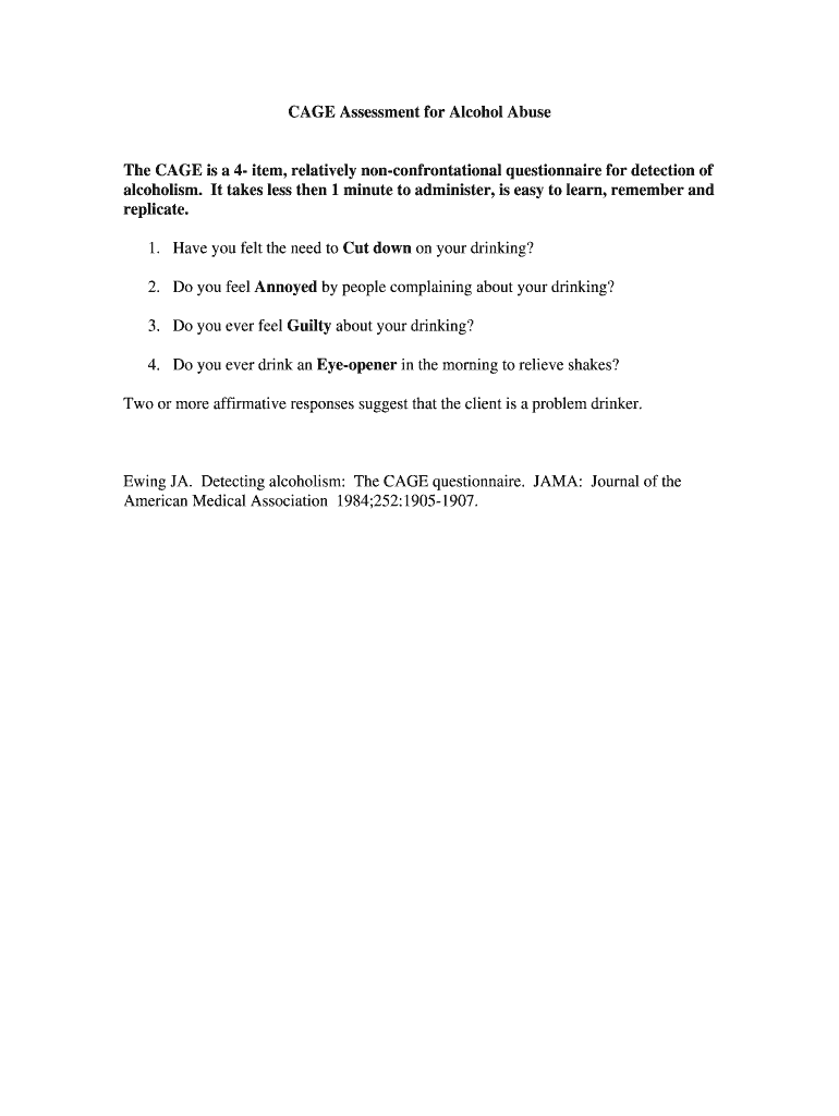 Fillable Online CAGE Assessment for Alcohol Abuse Fax Email Print