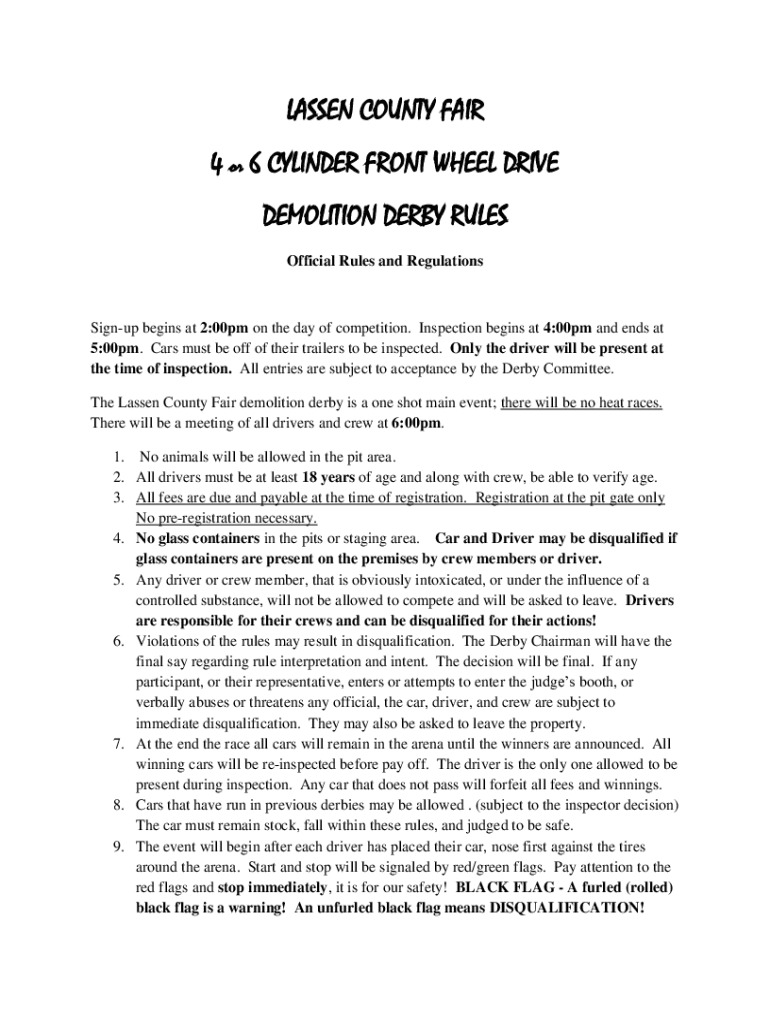 Fillable Online DEMOLITION DERBY RULES & REGULATIONS A.) COMPACT CAR