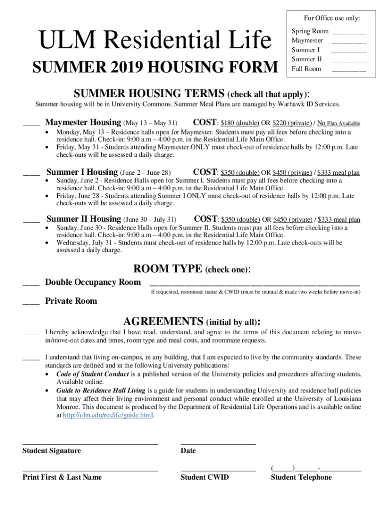 Fillable Online For Office use only ULM Residential Life Spring Room