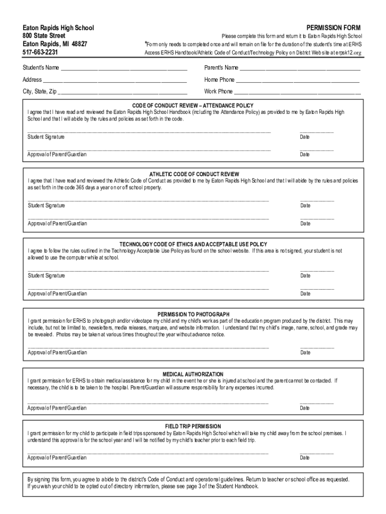 Fillable Online Eaton Rapids Senior High School 800 State Street