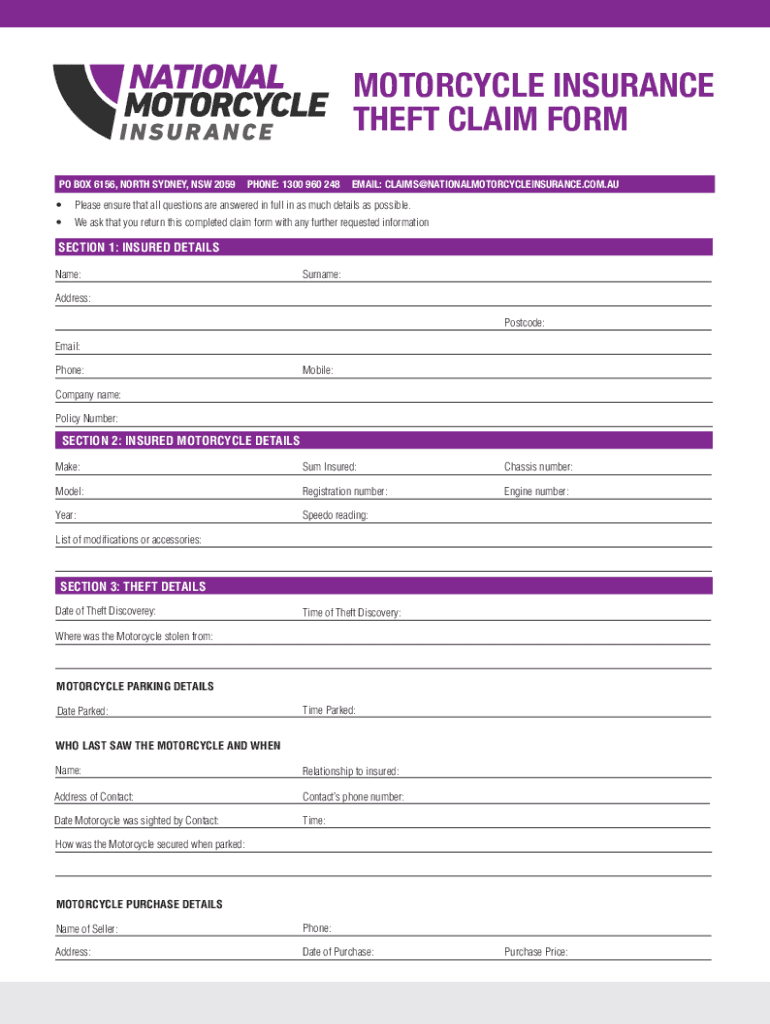 Fillable Online shop.yamahamotor.co.nzmediaMOTORCYCLE INSURANCE THEFT