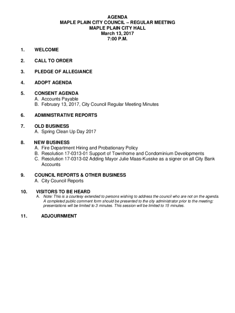 Fillable Online AGENDA MAPLE PLAIN CITY COUNCIL REGULAR Fax Email
