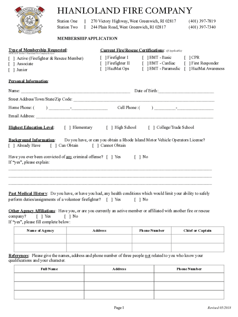 Fillable Online Hianloland Fire Department Station 1 West Greenwich