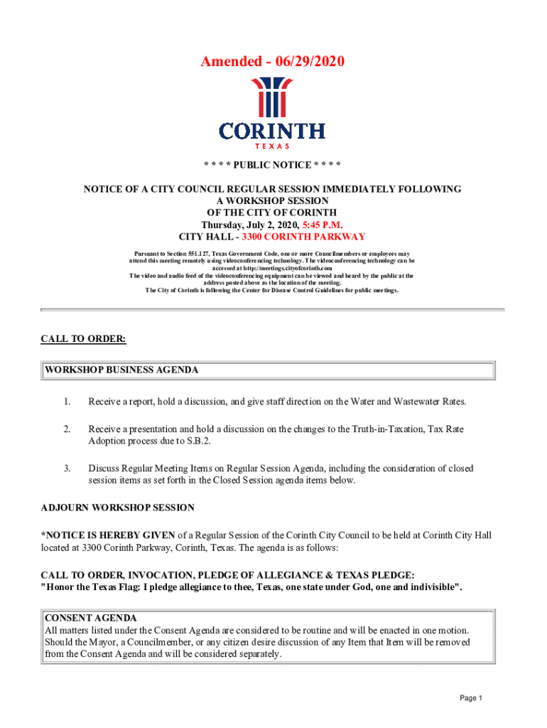Fillable Online BOARD OF DIRECTORS OF THE CITY OF CORINTH CITY HALL