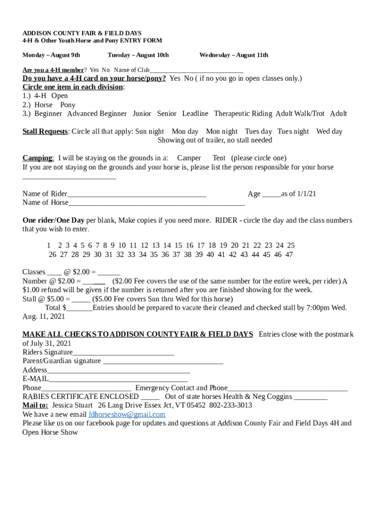 Addison County Fair and Field Days Exhibitor's Handbook Doc Template