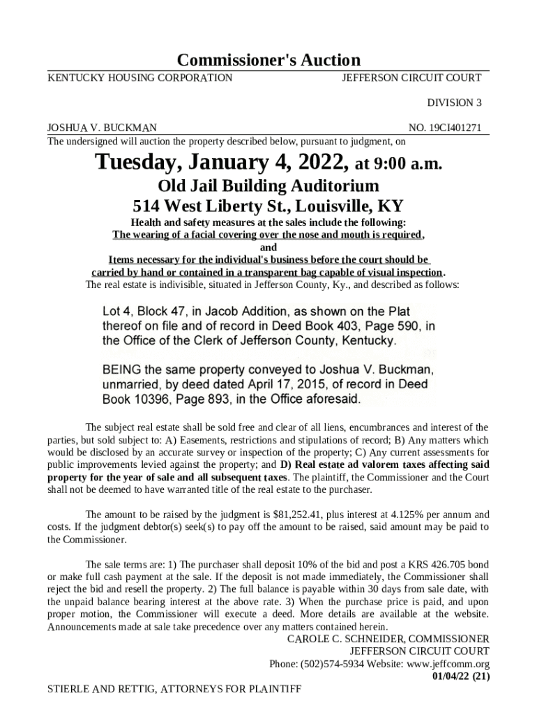 MASTER COMMISSIONER SALE KENTUCKY HOUSING CORP V.Legal Announcements