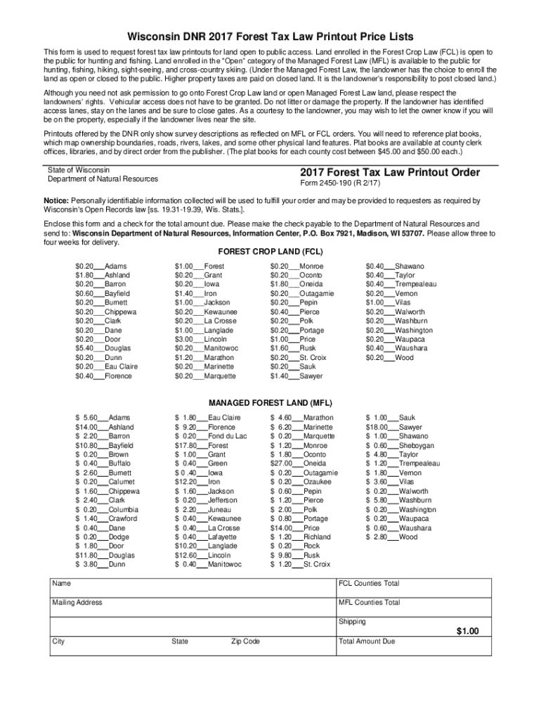Fillable Online dnr wisconsin Wisconsin DNR 2017 Forest Tax Law