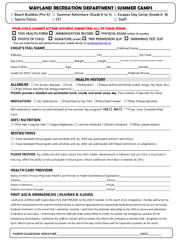 Fillable Online Recreation DepartmentWayland MAFields, Parks