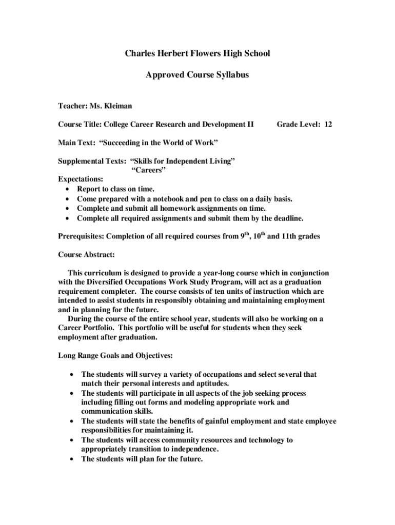 Fillable Online Charles Herbert Flowers High School Approved Course
