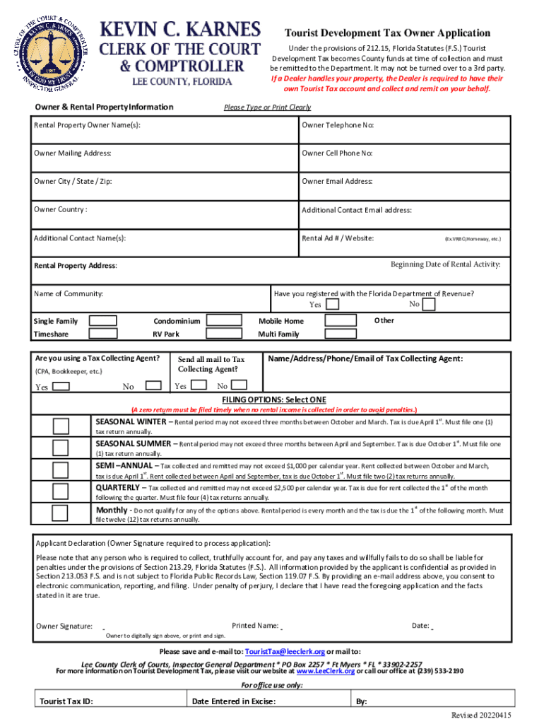2022 Form FL Tourist Development Tax Owner Application Lee County