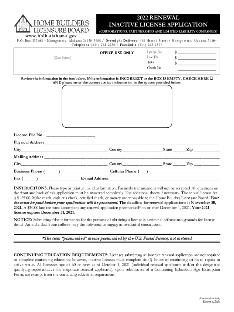 20222024 Form AL HBLB Renewal Inactive License Application Fill Online