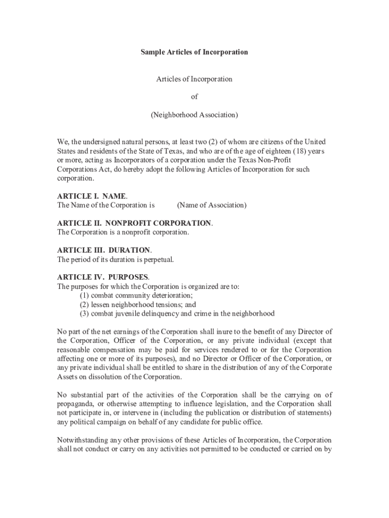 Fillable Online Sample Articles of Incorporation Articles of Incorporation of Fax Email