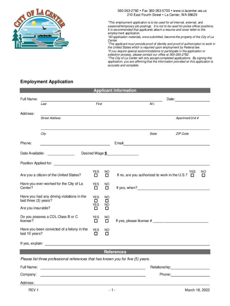 Fillable Online police.ci.lacenter.wa.uspdfsEmploymentCity of La Center