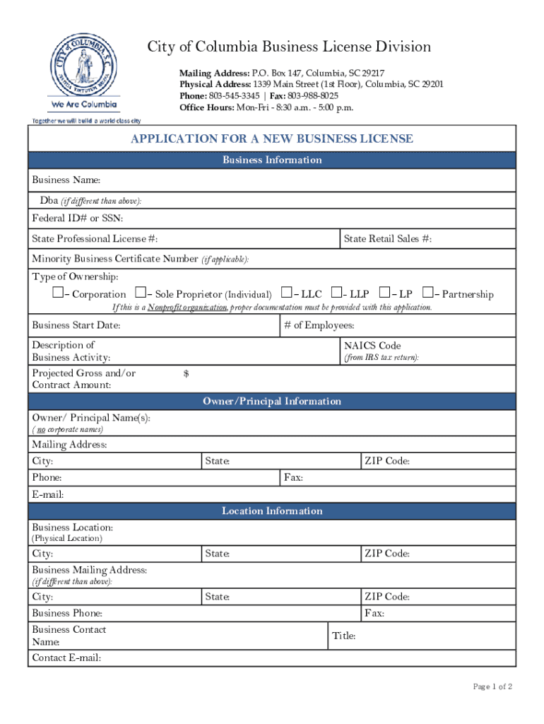 Sc City Columbia Business License Fill Online, Printable, Fillable