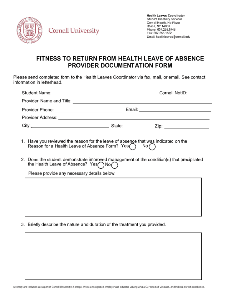 Fillable Online health cornell FITNESS TO RETURN FROM HEALTH LEAVE OF