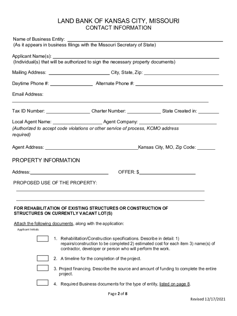 Fillable Online indexThe Land Bank of Kansas City