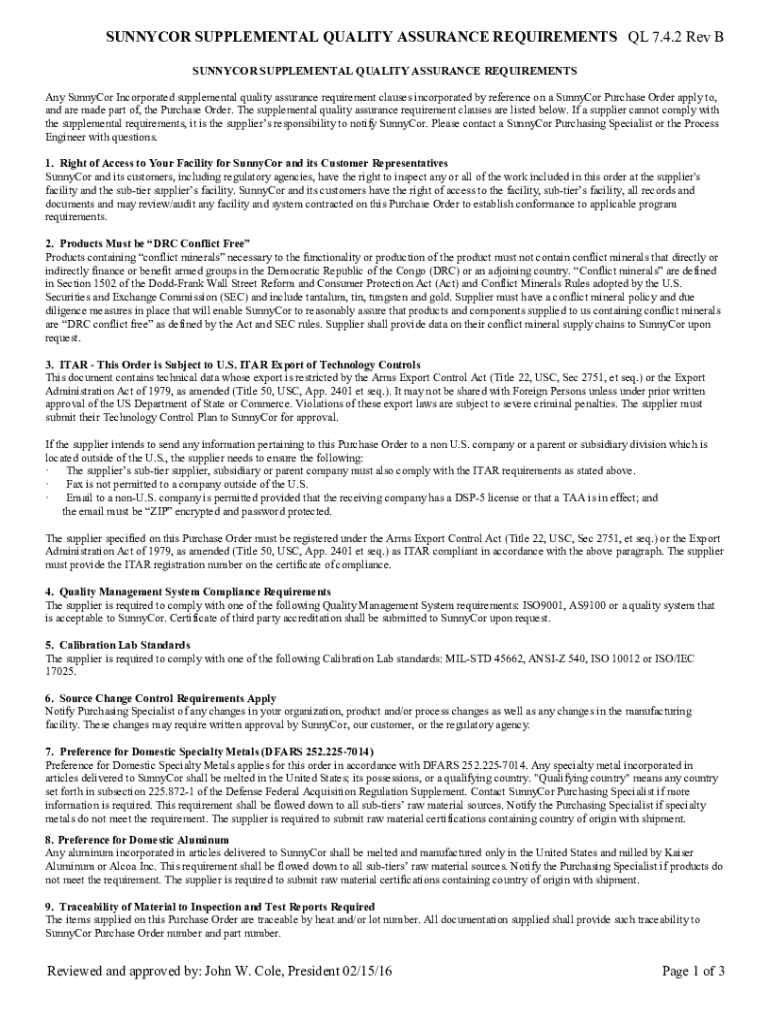 Fillable Online QL 7.4.2 Rev B, Supplemental Quality Assurance