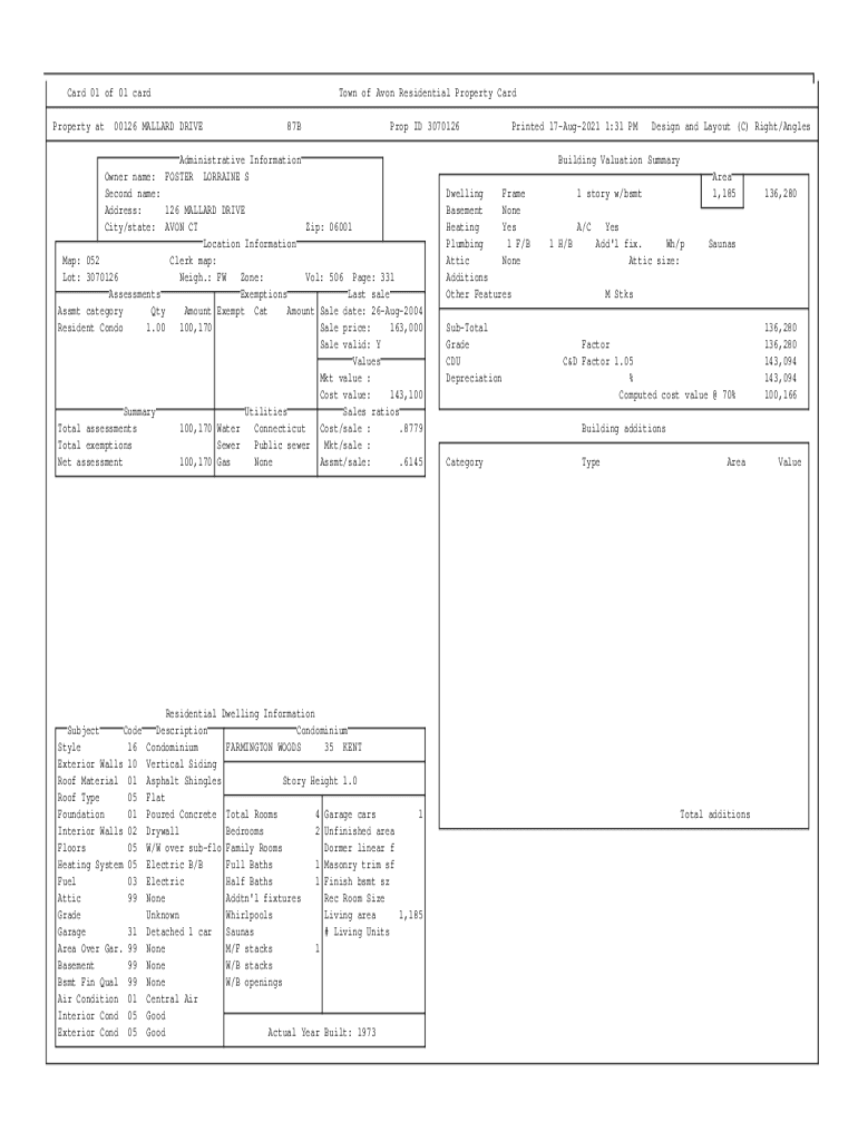 Fillable Online assessor.avonct.gov cards 3Card 01 of 01 card Town of Avon Residential Property