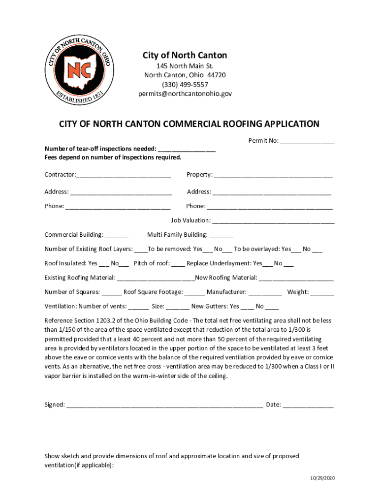 Fillable Online CITY OF NORTH CANTON COMMERCIAL ROOFING APPLICATION