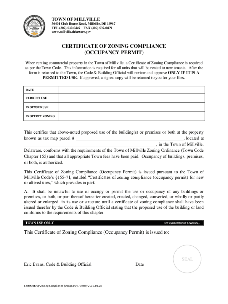 Fillable Online millville delaware CERTIFICATE OF ZONING COMPLIANCE