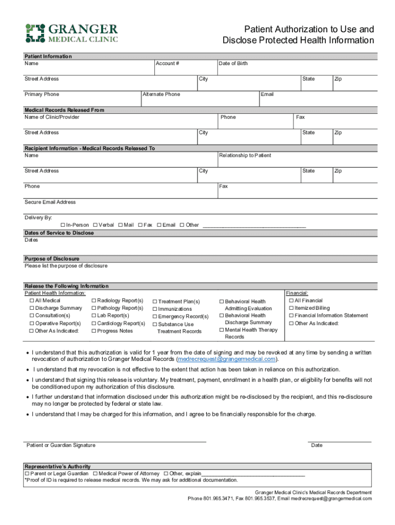20222024 UT Granger Medical Clinic Patient Authorization to Use and