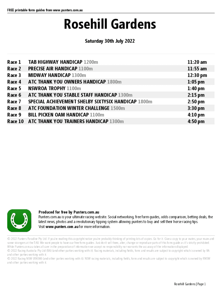 Fillable Online Rosehill Gardens Printable Form Guide Saturday 30th July 2022. FREE Printable