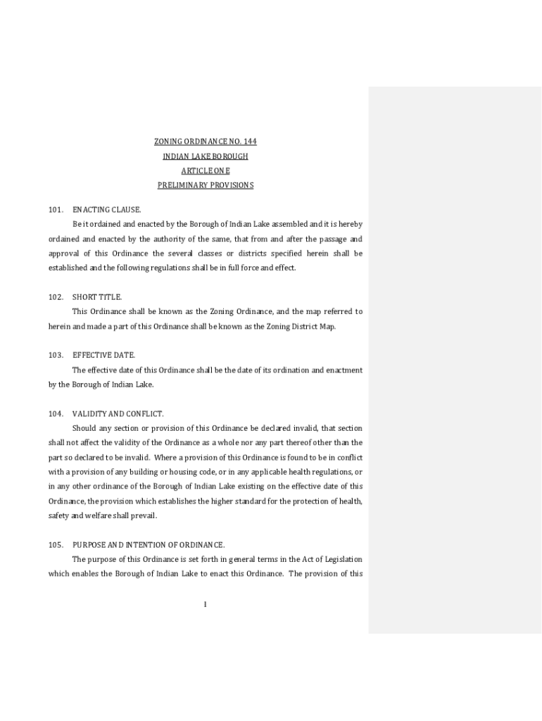 Fillable Online indianlakepa.usFILESBOOKSZONING ORDINANCE NO. 144