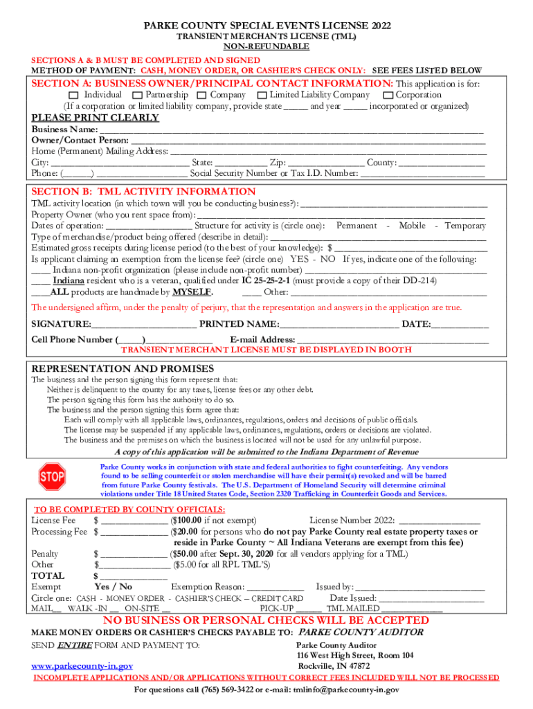 20222024 Form IN Special Events License Transient Merchants License