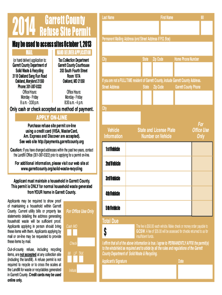 Fillable Online 130523 Garrett County Solid Waste 2014 Permit Forms