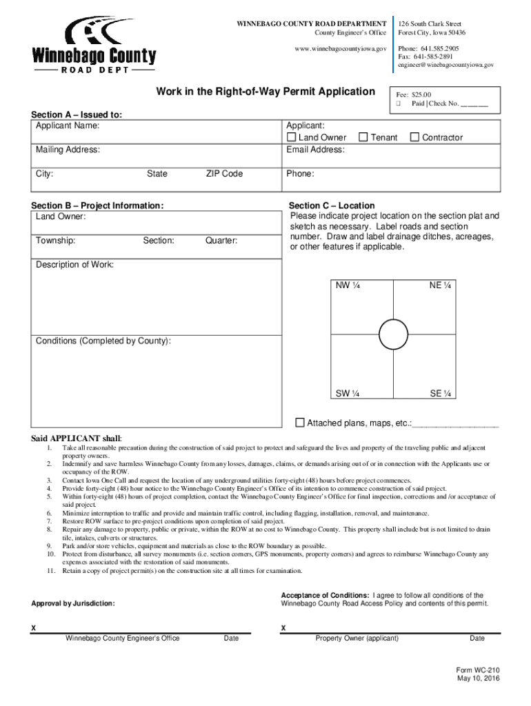 Fillable Online Winnebago County Work in the Right of Way Permit