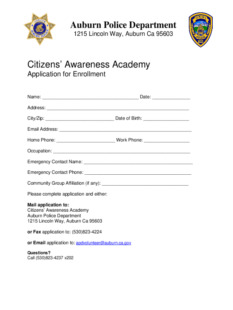 20182024 Form CA Citizens Awareness Academy Application for Enrollment