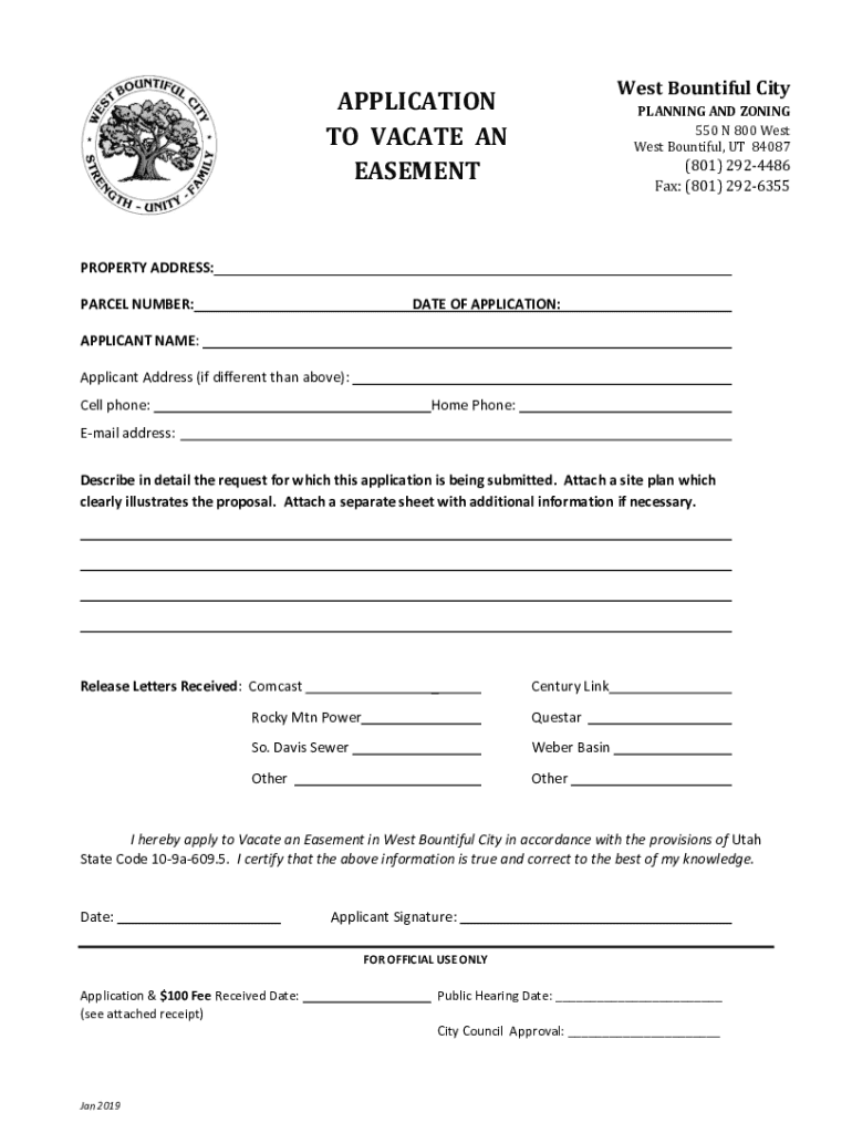 Fillable Online APPLICATION West Bountiful City PLANNING AND ZONING TO