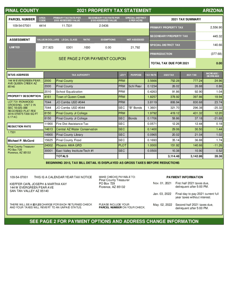Fillable Online Understanding Your Tax Bill Pinal County, Arizona Fax