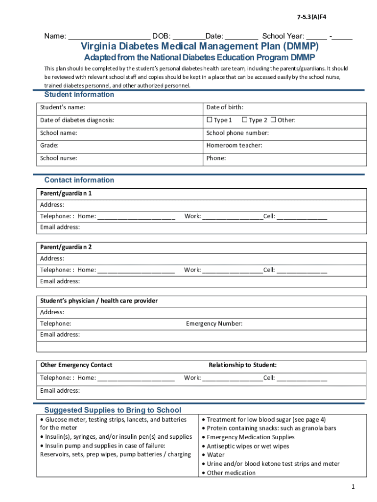 Fillable Online Virginia School Diabetes Medical Management Plan (DMMP