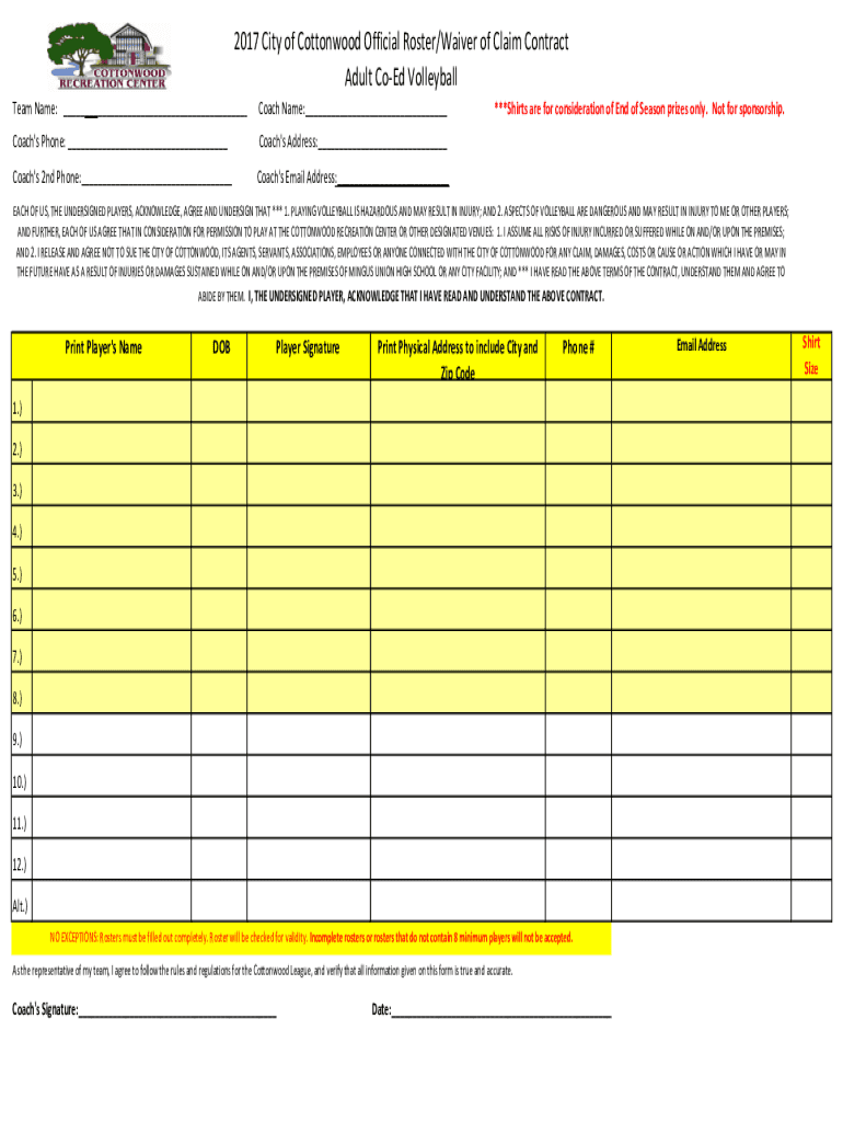 Fillable Online 2017 City of Cottonwood Official Roster/Waiver of Claim Contract Fax Email