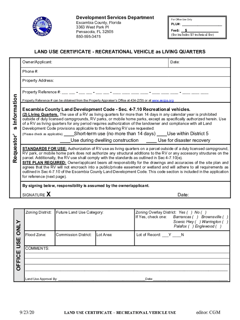 Fillable Online Land Use Certificate ApplicationRecreational Vehicle as Living Quarters. Land