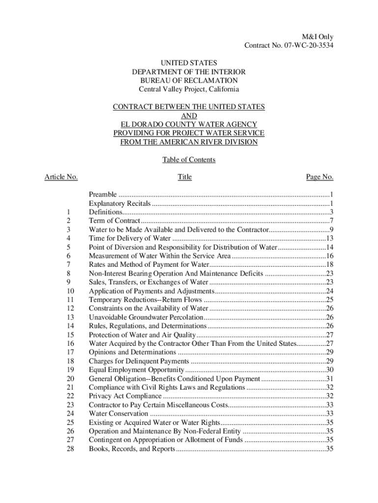 Fillable Online Contract between U.S. and El Dorado County Water Agency