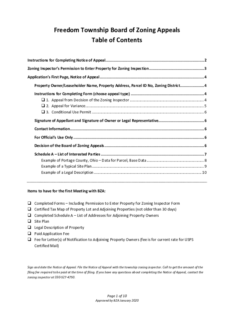 Fillable Online Freedom Township Board of Zoning Appeals Table of