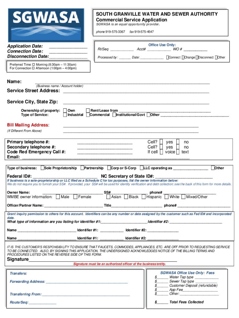 Fillable Online SOUTH GRANVILLE WATER AND SEWER AUTHORITY Commercial Service SGWASA Fax