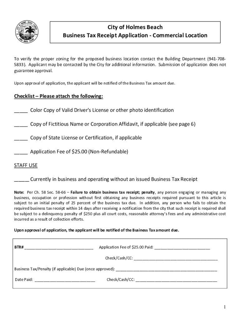 Fillable Online Business Tax Receipt Holmes Beach, FL Fax Email Print