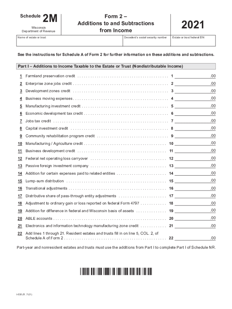 Fillable Online 2021 I035 Wisconsin Schedule 2M, Form 2 Additions to