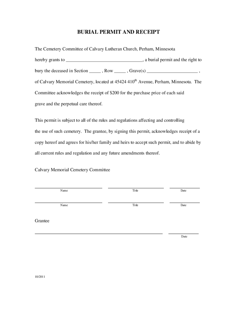 Fillable Online BURIAL PERMIT AND RECEIPT Fax Email Print pdfFiller