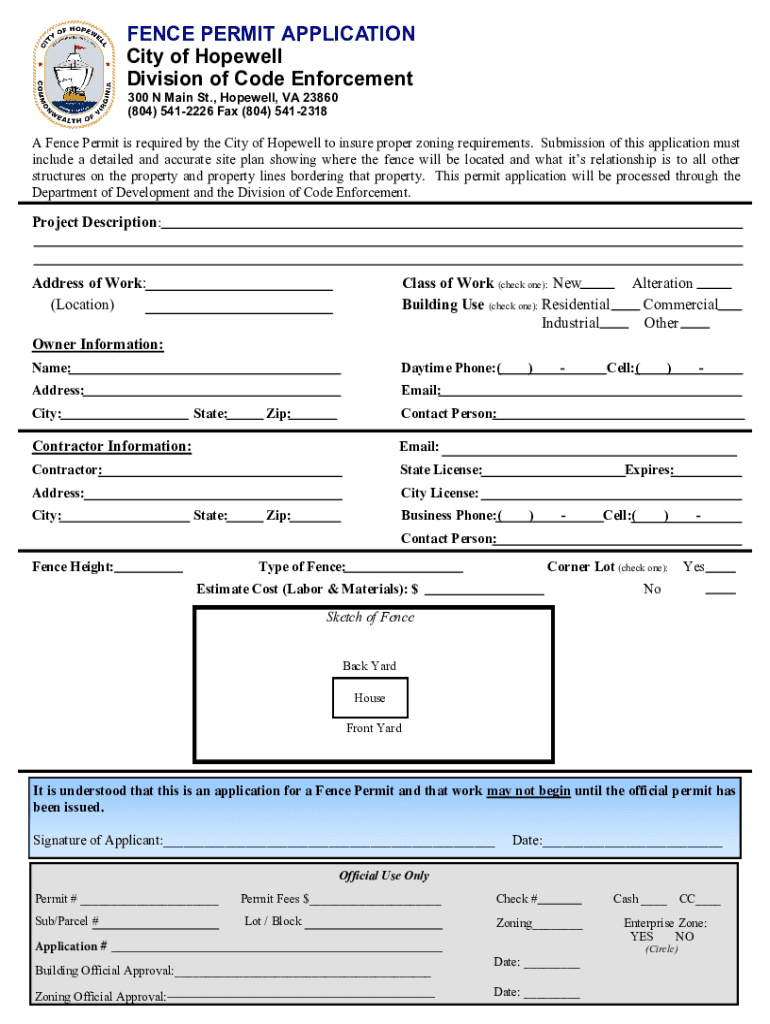 Fillable Online FENCE PERMIT APPLICATION City of Hopewell Division of
