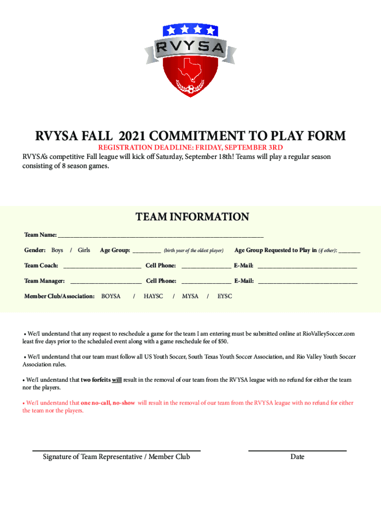 Fillable Online RVYA Fall Football