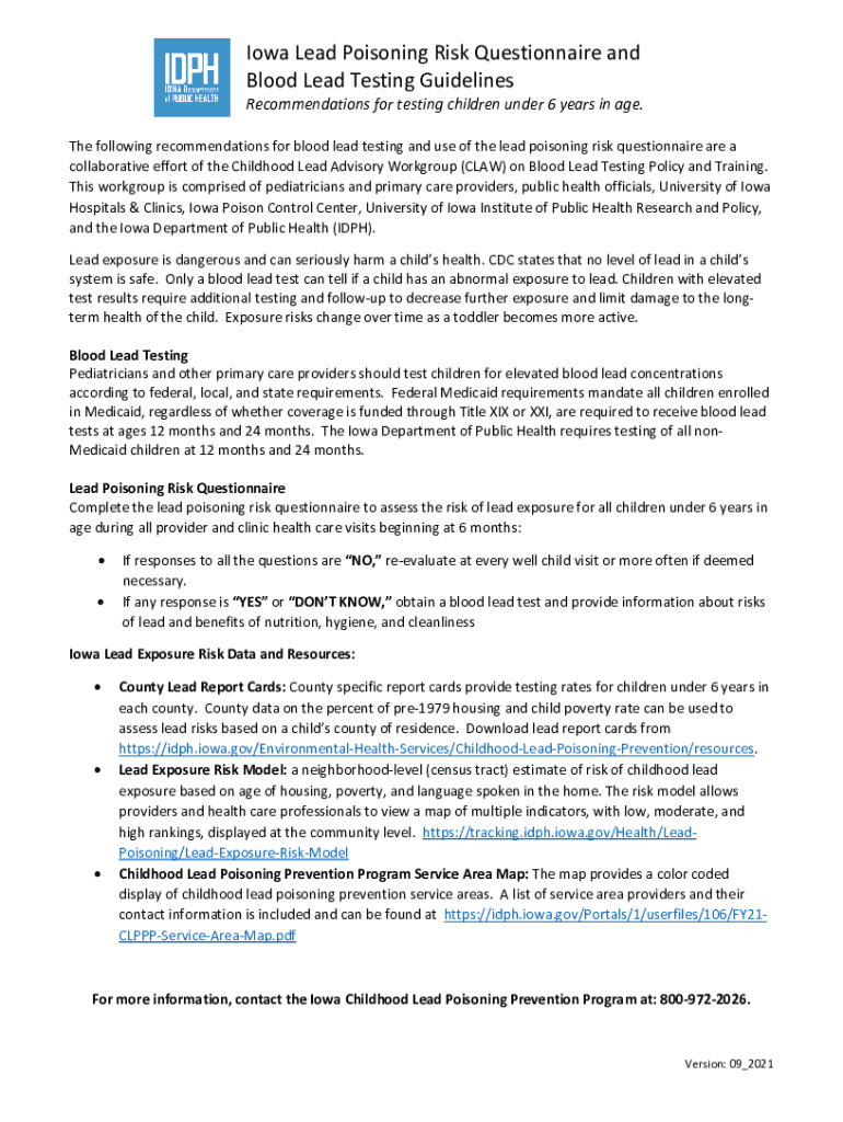 Fillable Online Iowa Lead Poisoning Risk Questionnaire and Blood Lead