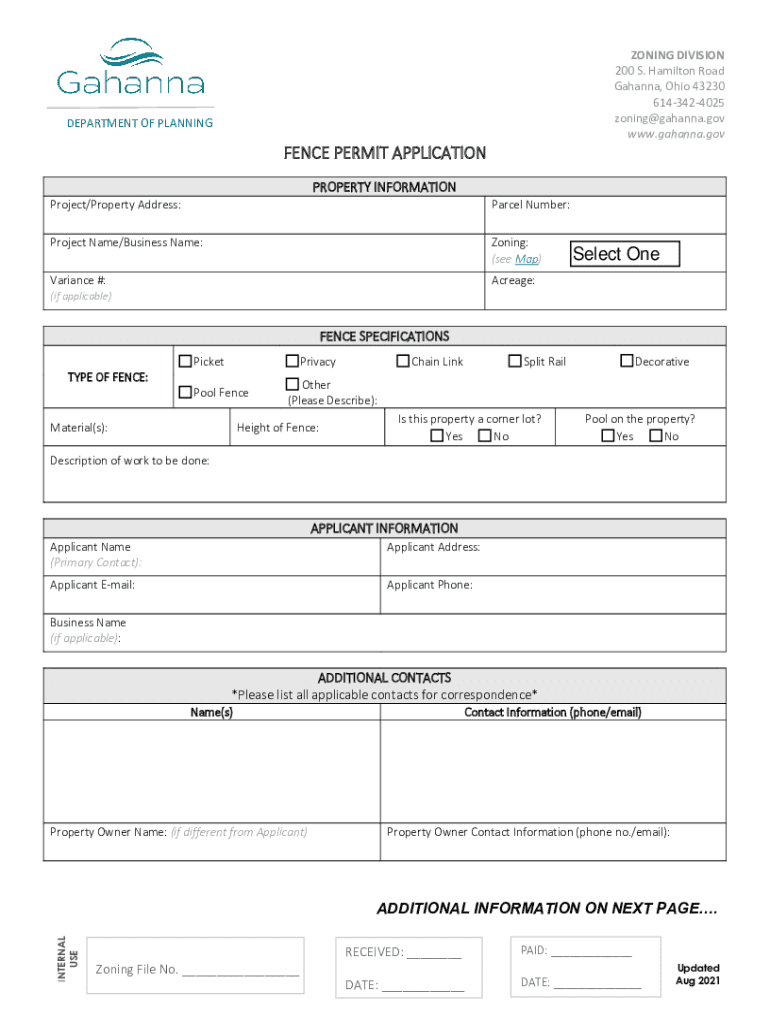 20212024 Form OH Fence Permit Application City of Gahanna Fill