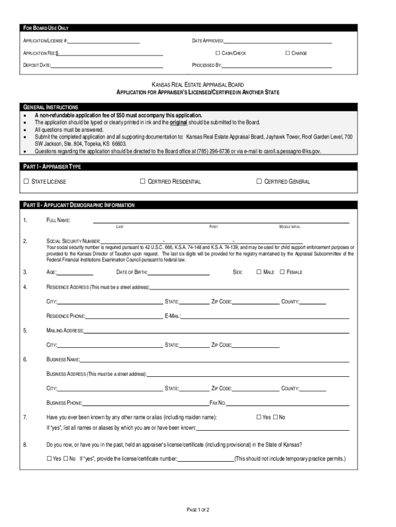 Fillable Online KANSAS REAL ESTATE APPRAISAL BOARD AMC1 APPLICATION