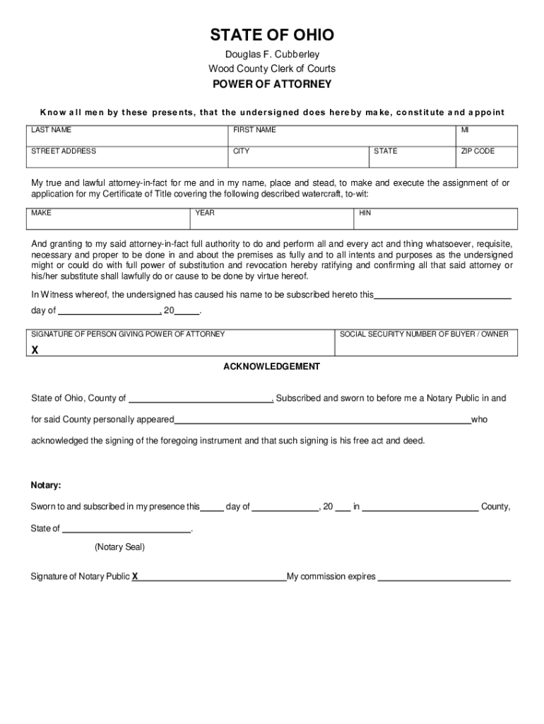 Fillable Online clerkofcourt co wood oh Watercraft Power of Attorney