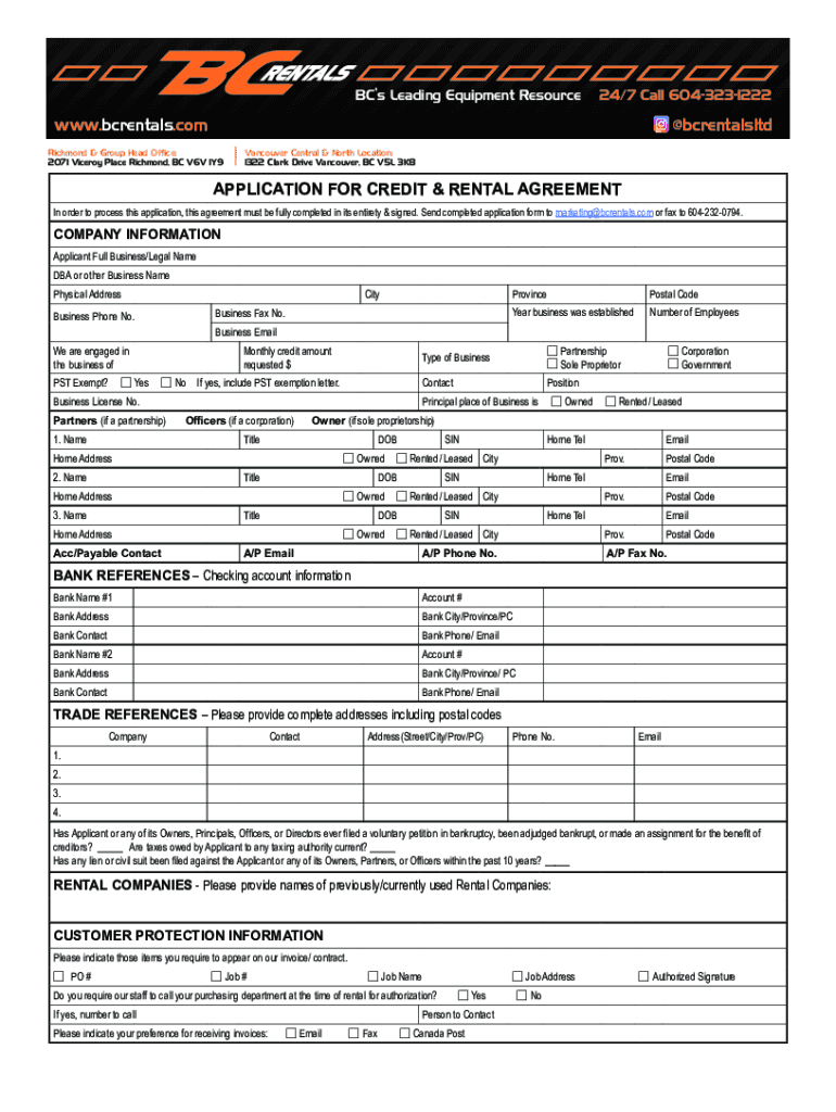 Fillable Online Bc Rental Application Form 2021 Fill Out and Sign